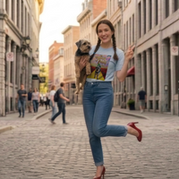 Load image into Gallery viewer, Mockup light blue tee on body with dog